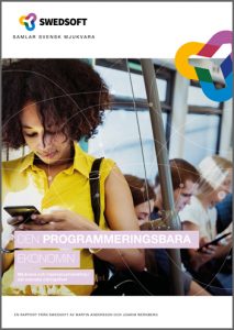 Framsida till rapporten Den programmeringsbara ekonomin. En ung kvinna står på tunnelbanan och tittar på sin mobiltelefon. I bakgrunden sitter andra personer och ser på sina mobiler